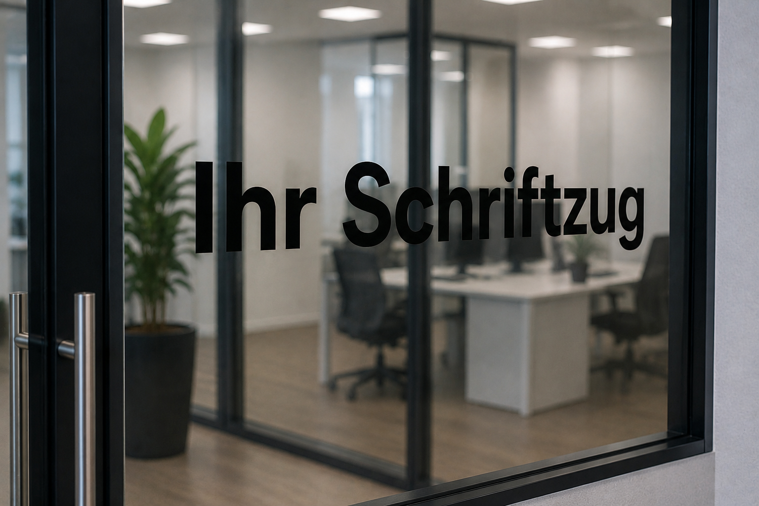 Fertig montierte schwarze Fensterbeschriftung auf einer modernen Glaswand. Professionelle Folienbeschriftung für Unternehmen in Berlin und Brandenburg.