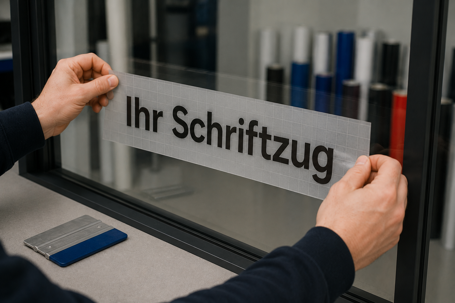 Montage einer geplotteten Fensterbeschriftung mit Übertragungsfolie auf einer Glasscheibe in Berlin und Brandenburg.