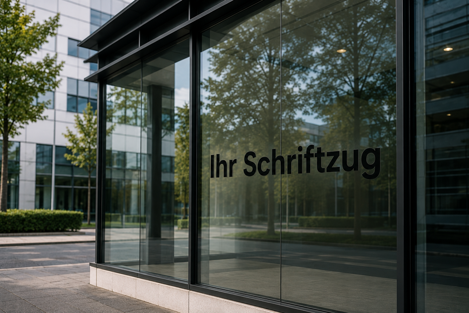 Moderne Schaufensterbeschriftung mit schwarzer Folienbeschriftung auf einer Glasfassade. Professionelle Folienbeschriftungen für Unternehmen in Berlin und Brandenburg.