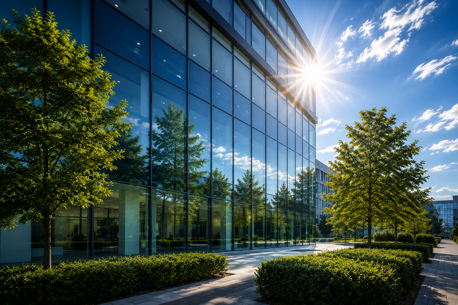 Moderne Glasfassade mit professioneller Sonnenschutzfolie 3M Prestige 70 Exterior – effektiver Hitzeschutz für Bürogebäude in Berlin und Brandenburg.