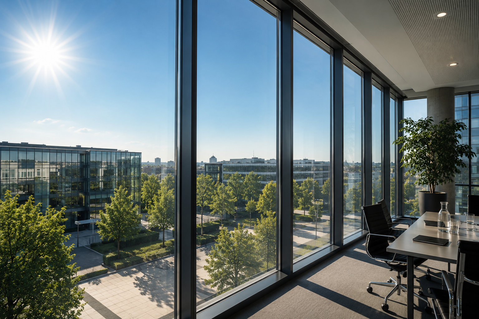 Moderner Büroraum mit bodentiefen Fenstern und professioneller Sonnenschutzfolie 3M Prestige 70 Exterior. Effektiver Hitzeschutz für Bürogebäude in Berlin und Brandenburg.